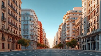Fototapeta premium Symmetrical urban skyline at dusk with historic architecture and empty street