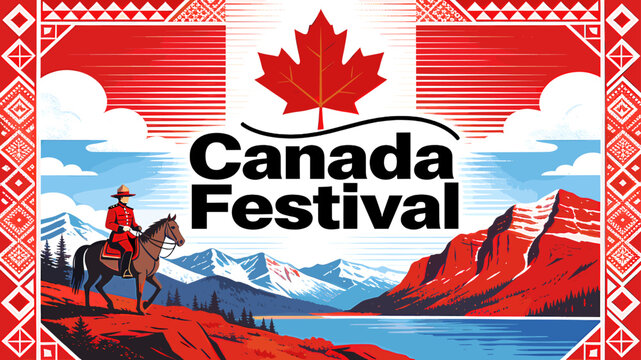 Vibrant Canada Festival poster featuring a Mountie on horseback against a backdrop of majestic Canadian Rockies and a lake.