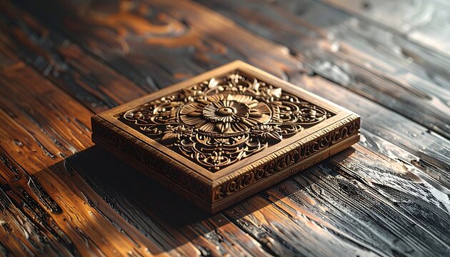 ornate wooden box with intricate carvings, detailed floral patterns, resting on a rustic, dark wood surface with dramatic light and shadow