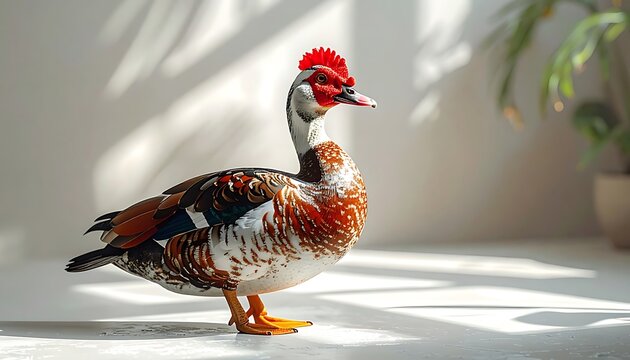 Muscovy duck with speckled plumage and red caruncles on its face standing on a light surface, soft shadows cast from the side
