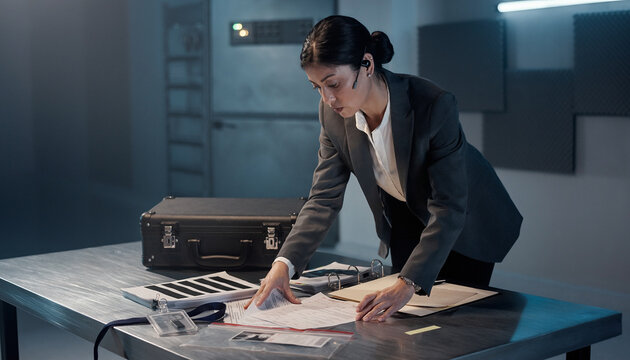 Female secret agent examining redacted documents and evidence on a metal table in a dark room