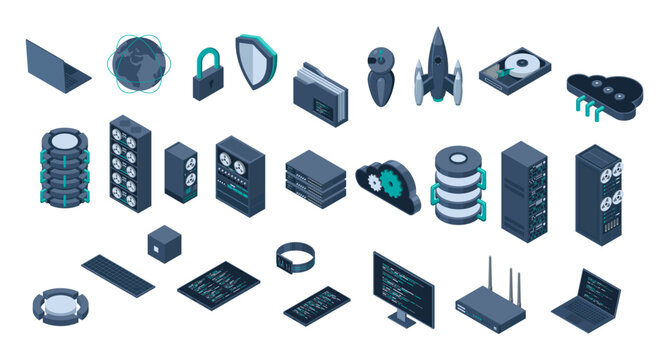 Set of isometric computer technology. Isometric set server equipment. Cloud network and database platform. Isometric technology