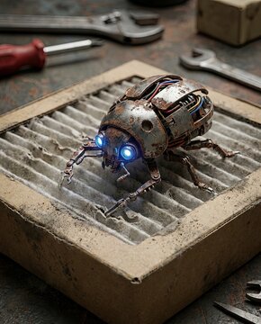 Futuristic Repair Concept A niche concept Futuristic Repair Concept A rusty robotic beetle with glowing blue eyes diagnoses a problem on a clogged, dirty HVAC air filter in an industrial workshop