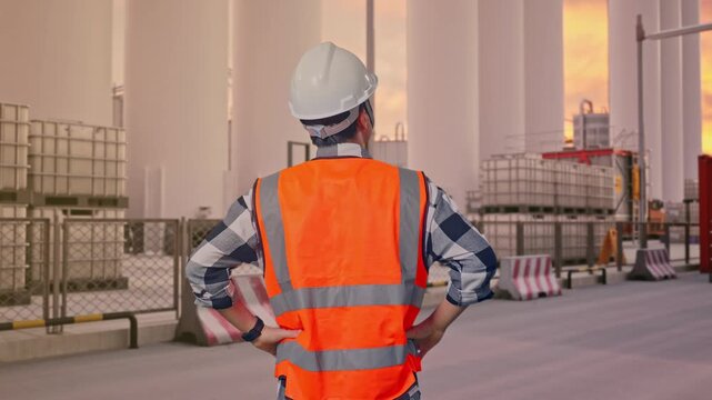 Back View Of A Male Engineer Wearing Safety Helmet Looking Around While Standing With Arms Akimbo at Storage Facility with IBC Totes, Large Silos at Sunset