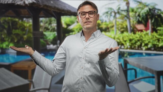 Man showing hands palms up shrug gesture in studio with pool and tiki backdrop at resort; confusion doubt bemusement.