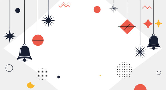 Modern geometric Christmas border with retro style hanging ornaments stars bells and abstract shapes in a muted palette.