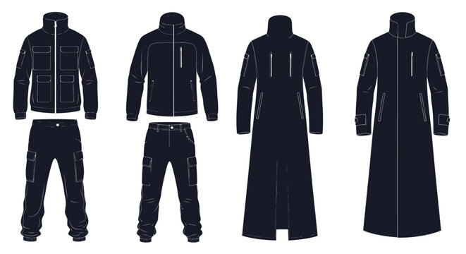 Collection of tactical techwear clothing silhouettes including jackets and coats