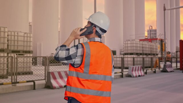 Back View Of Asian Male Engineer With Safety Helmet Talking On Smartphone While Standing at Storage Facility with IBC Totes, Large Silos at Sunset