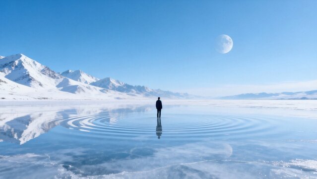 Person standing on frozen lake with mountains