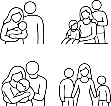 Collection of Minimalist Family Line Art Icons Featuring Mother Father and Children for Parenting Concept Motherhood Awareness and Happy Family Togetherness Vector Illustration
