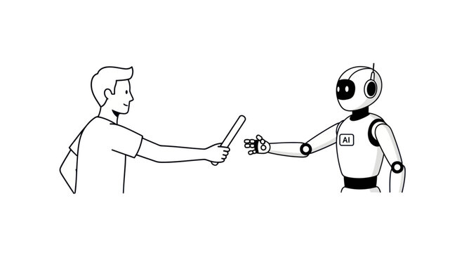 Human Passes Baton to Robot, Symbolizing AI Collaboration and Future Partnership