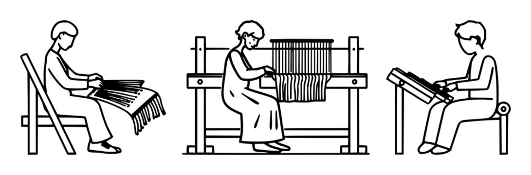 Stitcher loom pictogram set with clean white background and heavy bold lines featuring textile craft symbol, person working, loom illustration with minimalist line and graphic design