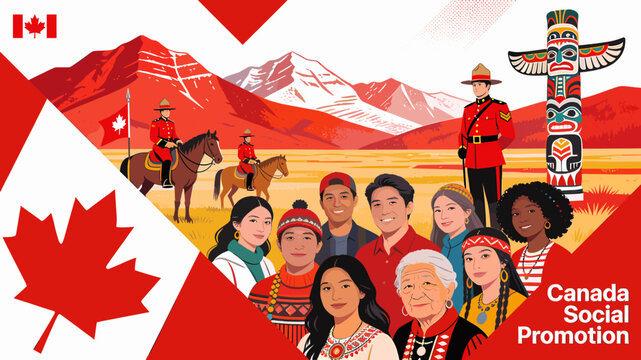Diverse group of Canadians, including Indigenous peoples and Mounties, against a backdrop of Canadian landscapes and symbols.