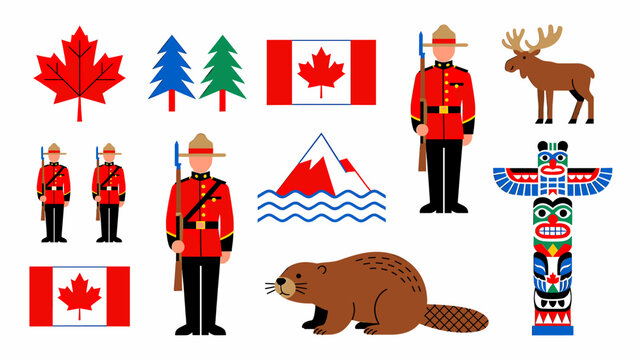 A vibrant collection of Canadian symbols including maple leaves, Mounties, flags, a beaver, moose, totem pole, and evergreen trees, set against a white background.