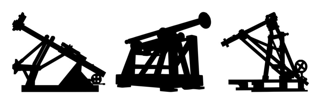 Trebuchet set with solid black silhouette design featuring mechanical siege engine, medieval weapon, flat 2D vector with white background and ancient warfare