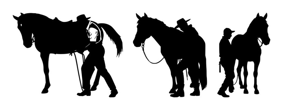 Farrier set with solid black silhouette of a farrier shoeing a horse, high contrast isolated on white background featuring horse, black and white, trade profession with equestrian illustration