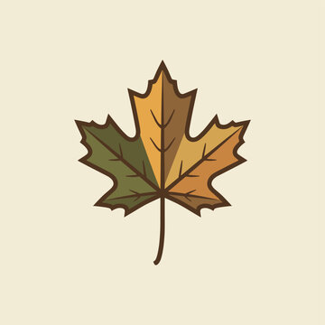Stylized illustration of an autumn maple leaf with a brown stem and multi-colored lobes in shades of green, brown, and orange on a light beige background.