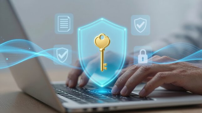 Digital key symbol shown on a computer screen as a person types on a laptop