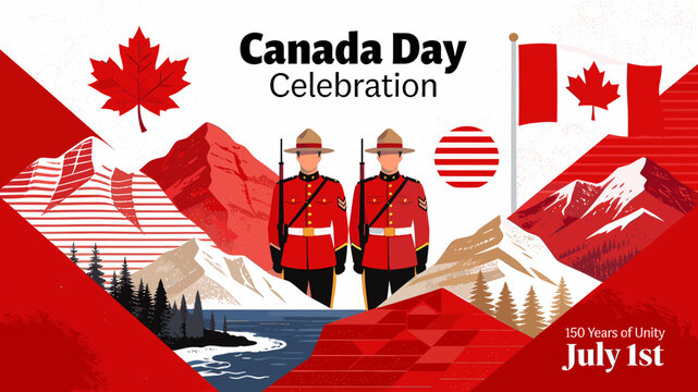 A vibrant illustration celebrating Canada Day with two RCMP officers, a Canadian flag, maple leaves, and stylized mountains, commemorating 150 years of unity on July 1st.