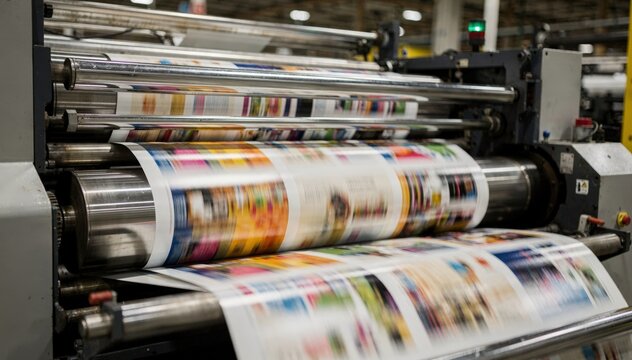 Medium shot of a highspeed offset printing press producing vibrant magazine pages with the main printing cylinders sharply in focus and the background softly blurred.