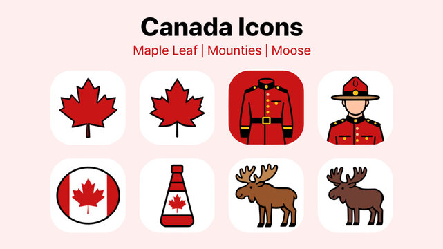 A collection of flat design icons representing Canadian national symbols including maple leaves, Mounties, a flag, maple syrup, and moose.