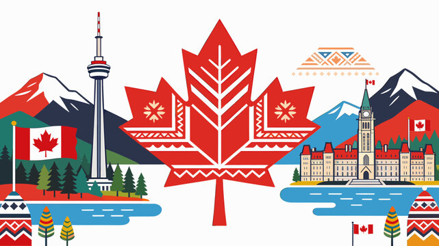 Vibrant vector illustration showcasing iconic Canadian landmarks like the CN Tower and Parliament Building, framed by mountains and lakes, with a large stylized maple leaf at its core.