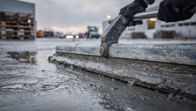 Closeup of handheld screeding tool smoothing industrial park concrete surfaces during early morning overcast conditions background equipment softly blurred.