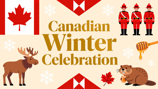 A vibrant illustration of a Canadian Winter Celebration featuring national symbols like the flag, Mounties, moose, beaver, maple leaves, and snowflakes.