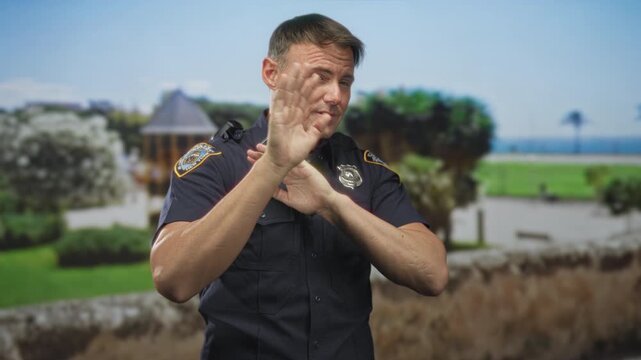 Police officer man covering hands over face shielding eyes on street by a seaside park and promenade; exhaustion duty.