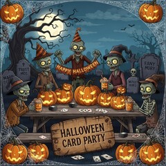 Fototapeta premium Whimsical Halloween Gathering of Cartoon Skeletons and Pumpkins in a Spooky Setting