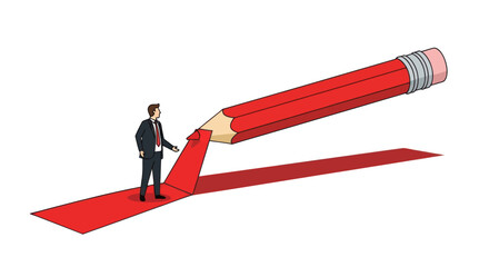 Obraz premium Businessman leading on a red path created by a pencil.