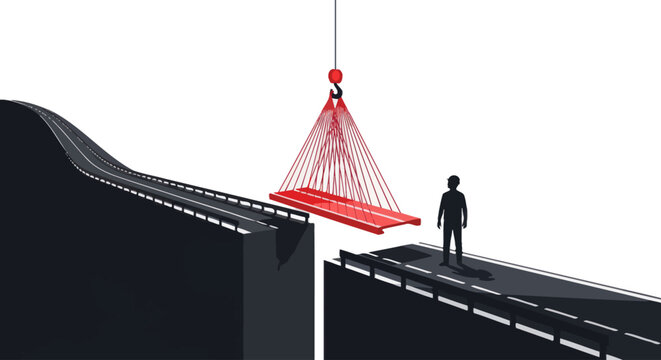 Worker oversees bridge construction, symbolizing problem-solving and progress.