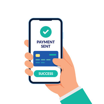 Hand Holding Smartphone with Payment Sent Notification &ndash; Mobile Banking, Online Transaction Success, Digital Wallet Flat Vector Illustration