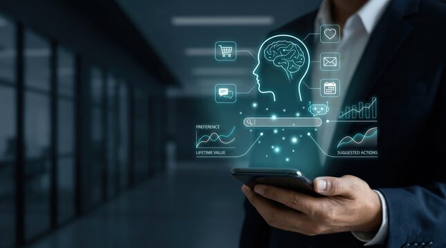 AI Marketing Analytics and Customer Profile Concept: Young Professional with Smartphone, Holographic CRM Dashboard, and Chatbot Insight Interface