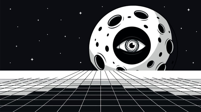 A large highly detailed full moon positioned in the upper right corner of a dark night sky background, showcasing craters and lunar surface textures in a vector illustration format.
