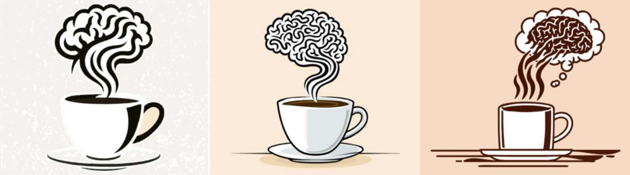 A minimalist flat illustration of a steaming coffee cup with steam forming a brain-shaped cloud above, rendered in bold shapes on a simple saucer and table, exuding warmth and thoughtfulness