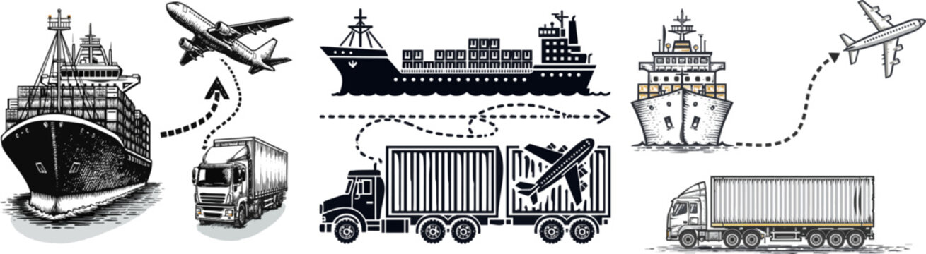 A cargo ship, a truck, and an airplane are connected by a dashed line with a forward-moving arrow, symbolizing the seamless integration of maritime, terrestrial, and air freight logistics