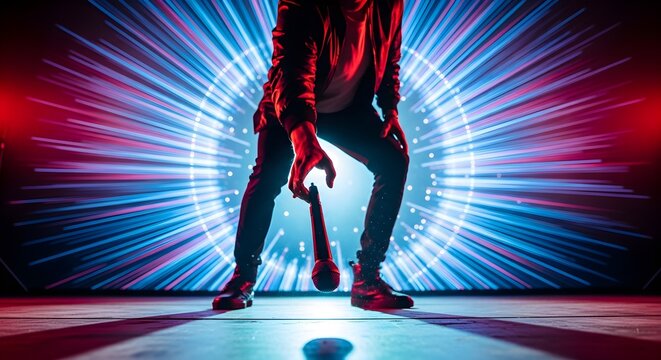 Dynamic Mic Drop on Stage with Futuristic Neon Light Backdrop Performance Art