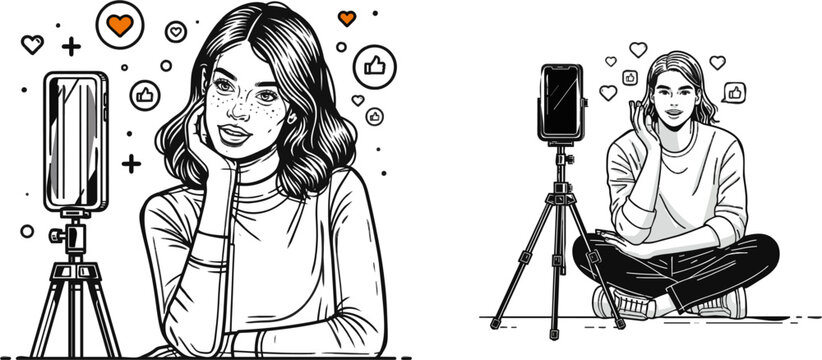 A minimalist vector illustration of a smartphone on a tripod with heart and like icons floating around a person talking to the camera in a flat 2D design style