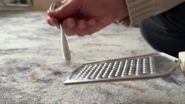 Person tapping metal grater with fork close up at home, producing rhythmic sound, improvised percussion activity, creative hobby concept