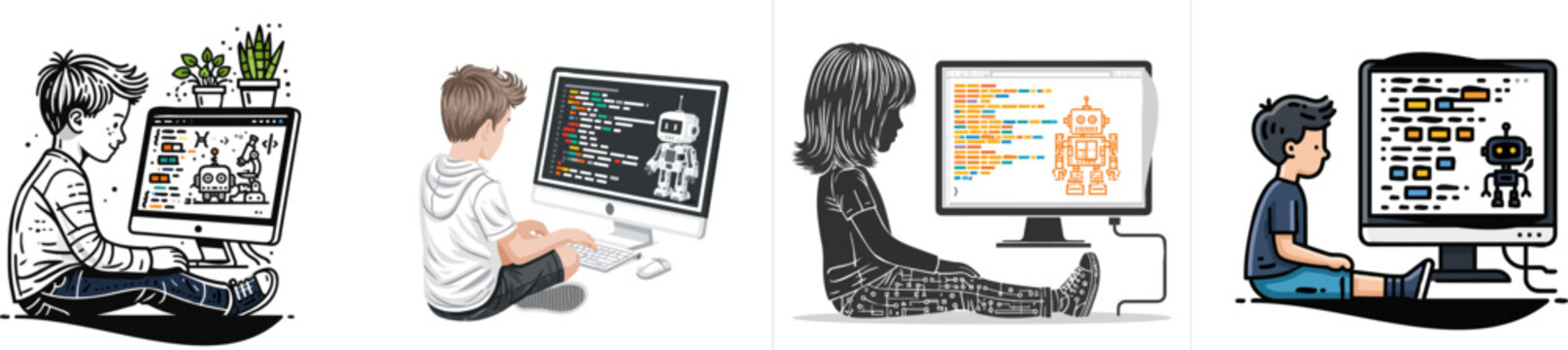A child sits at a computer displaying vibrant code blocks and robot illustrations in a minimalist, flat design with bright colors