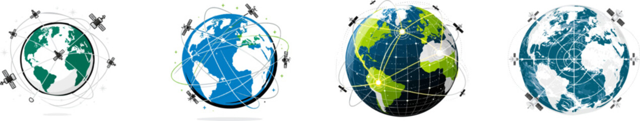 Naklejka premium Several satellites orbiting the Earth in a symmetrical arrangement, connected by lines of light to ground stations, create a high-resolution, minimalist design with earth blues, tech silvers, and