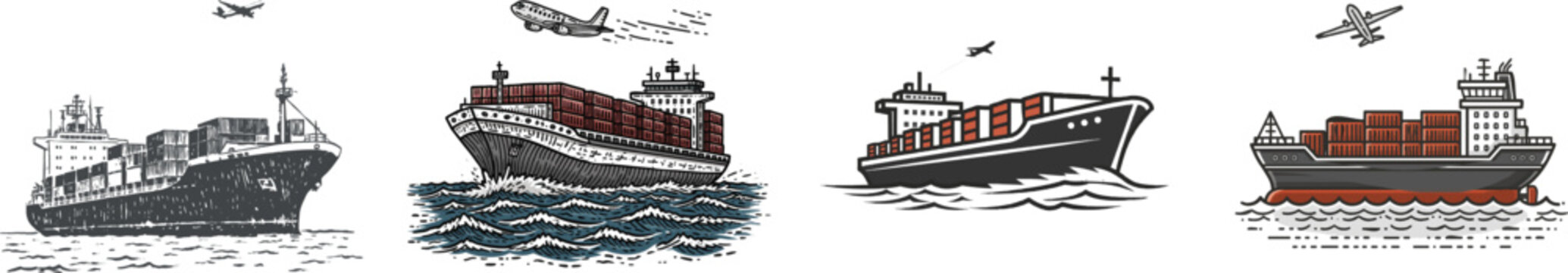 A large container ship at sea with a small airplane flying above it, depicted in minimalist geometric shapes on a flat 2D design, featuring deep sea blue, red containers, and white elements, isolated