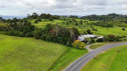 Fototapeta premium Aerial View of a Rural Farmhouse and Road in Gold Coast Australia