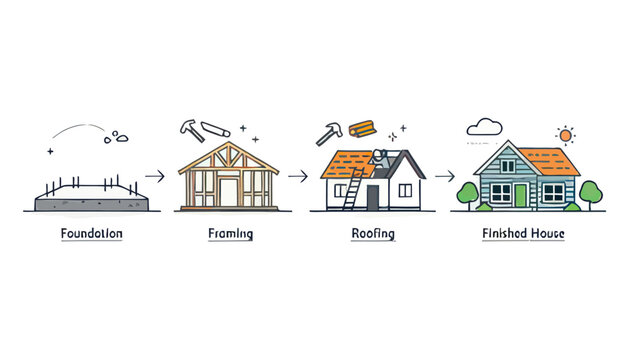 Stages of house construction from foundation to finished building.