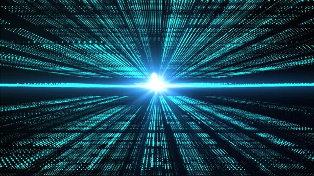 Futuristic blue digital data tunnel with glowing light rays and cyber particles moving through virtual space in a high tech abstract animation.