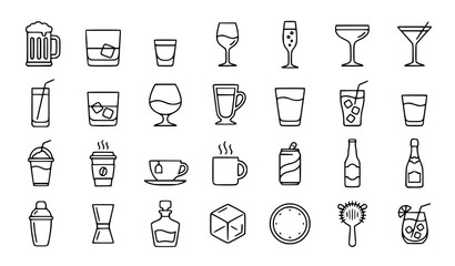 Glass line 28 icon set with beer wine cocktail teapot and editable stroke vector collection © Shameem