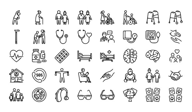 Senior people flat line 25 icon set with elder care wheelchair nursing and editable stroke vector collection