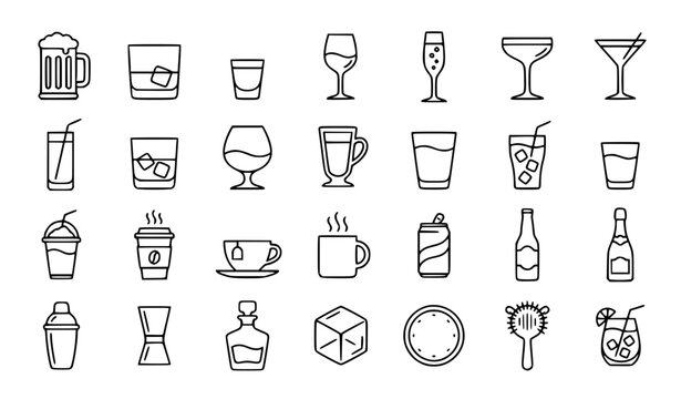 Glass line 28 icon set with beer wine cocktail teapot and editable stroke vector collection