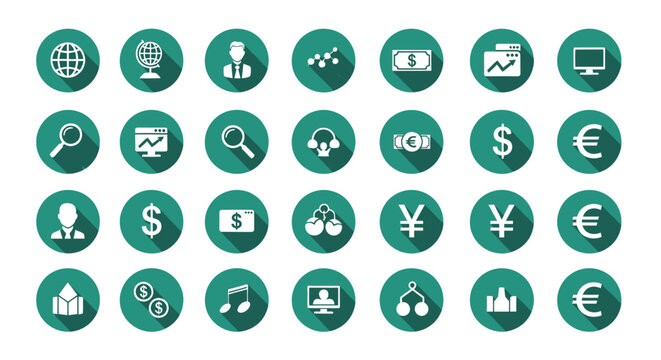 Set of professional business and finance icons with long shadow effect.